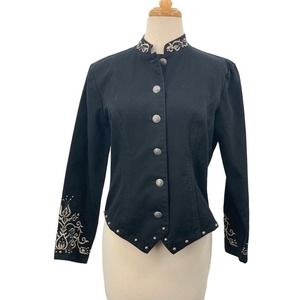 Stonebridge Petites LS‎ Button Front Black Denim Jacket Embroidered Studded 8P